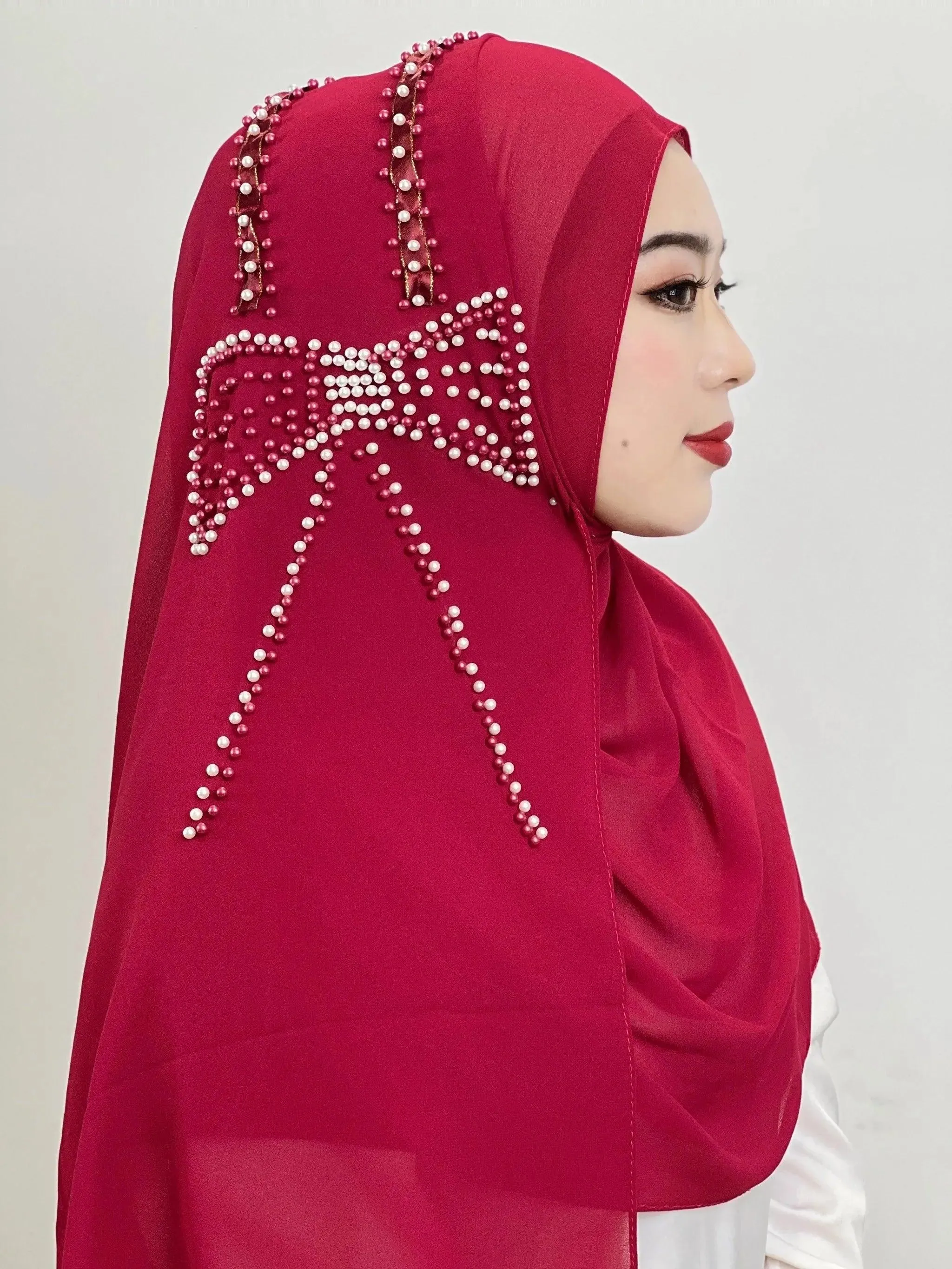 Shiny Beaded Muslim Hijab | Big Bow Decorative Wrap Scarf for Women, Soft and Easy to Wear