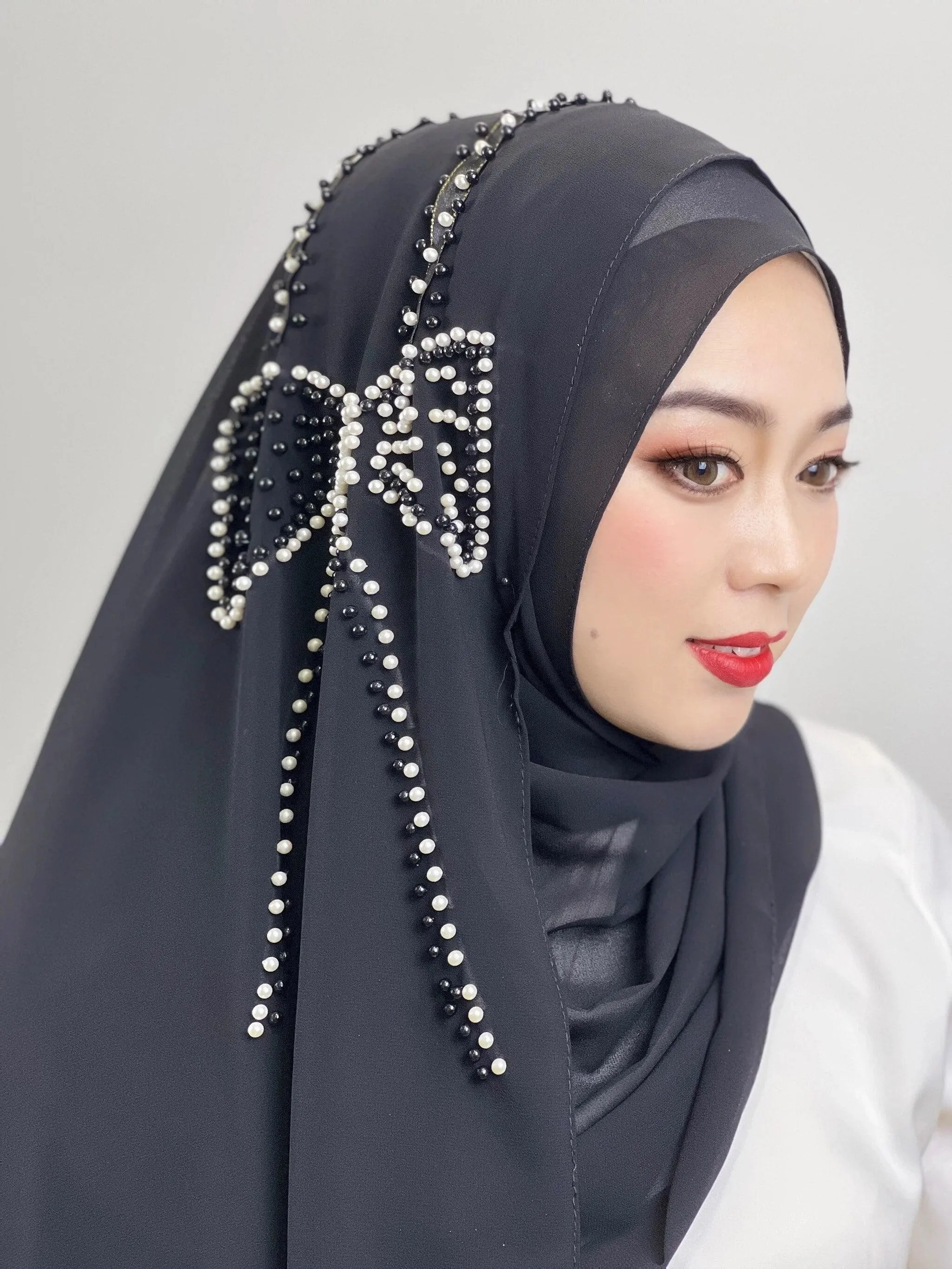 Shiny Beaded Muslim Hijab | Big Bow Decorative Wrap Scarf for Women, Soft and Easy to Wear