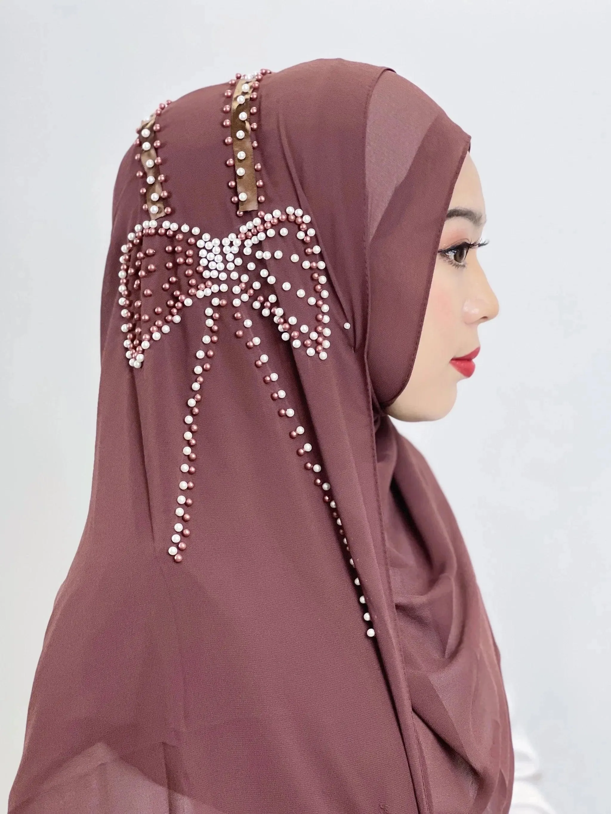 Shiny Beaded Muslim Hijab | Big Bow Decorative Wrap Scarf for Women, Soft and Easy to Wear