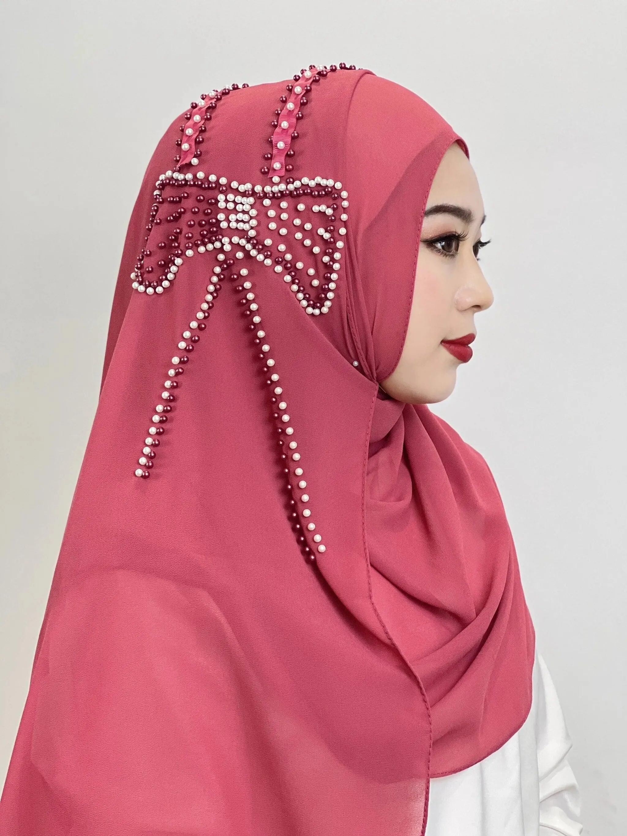 Shiny Beaded Muslim Hijab | Big Bow Decorative Wrap Scarf for Women, Soft and Easy to Wear
