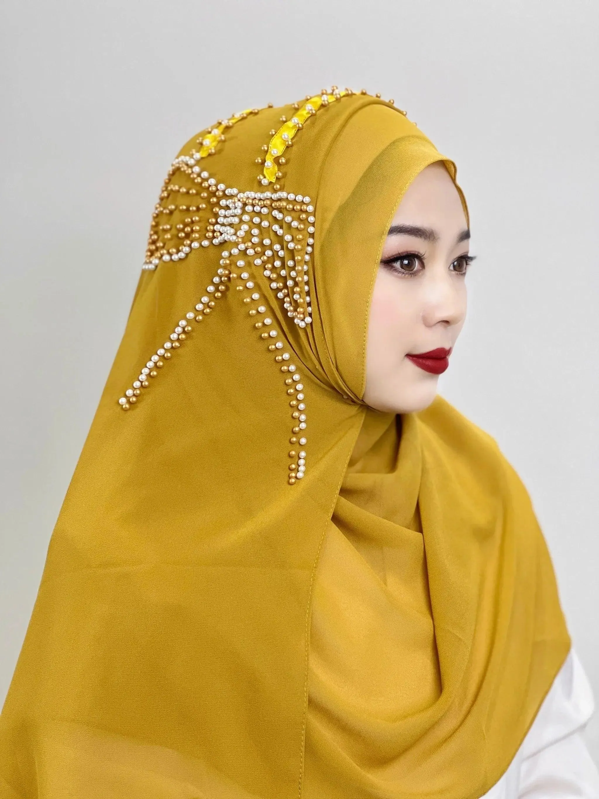 Shiny Beaded Muslim Hijab | Big Bow Decorative Wrap Scarf for Women, Soft and Easy to Wear