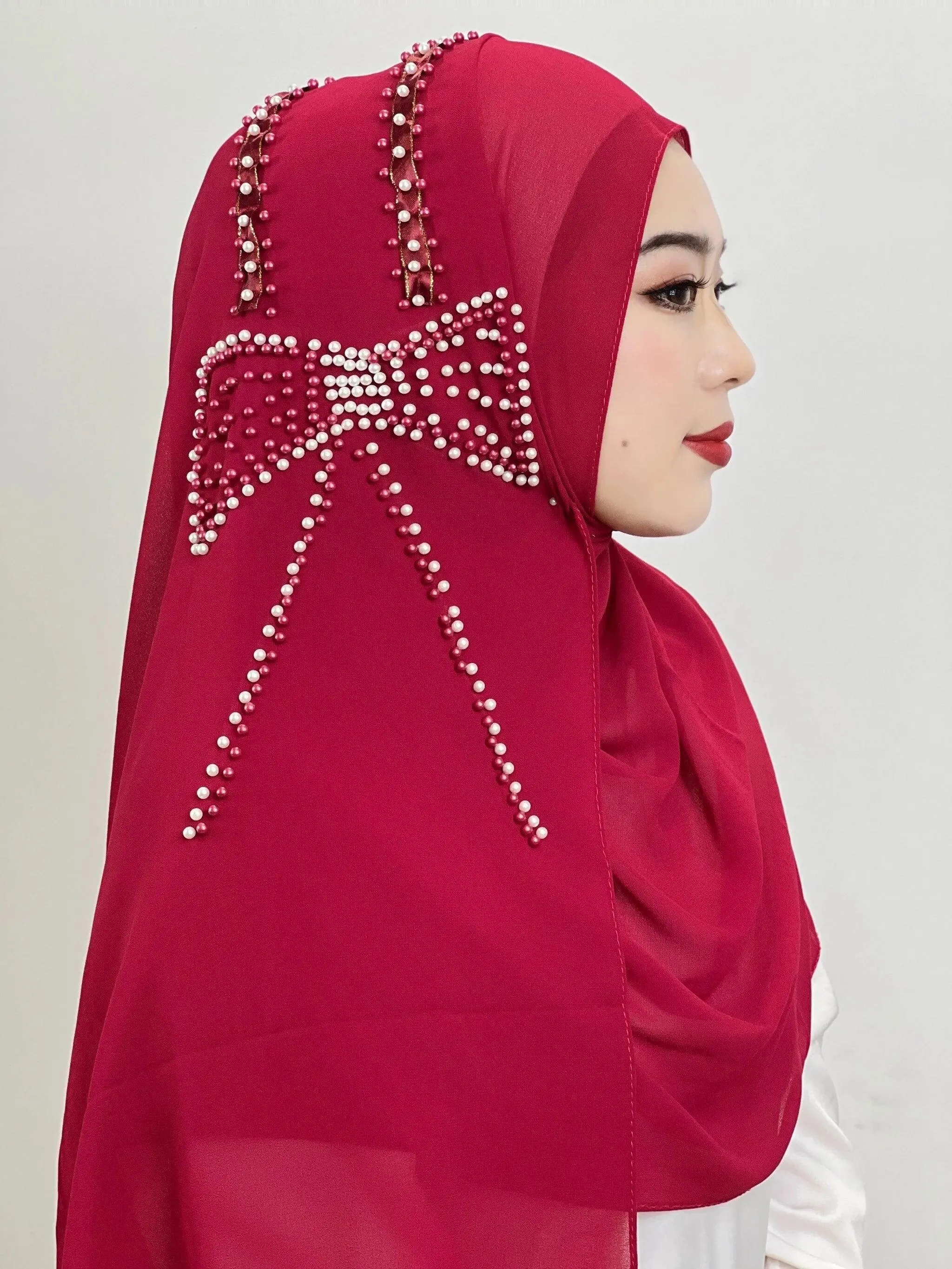 Shiny Beaded Muslim Hijab | Big Bow Decorative Wrap Scarf for Women, Soft and Easy to Wear