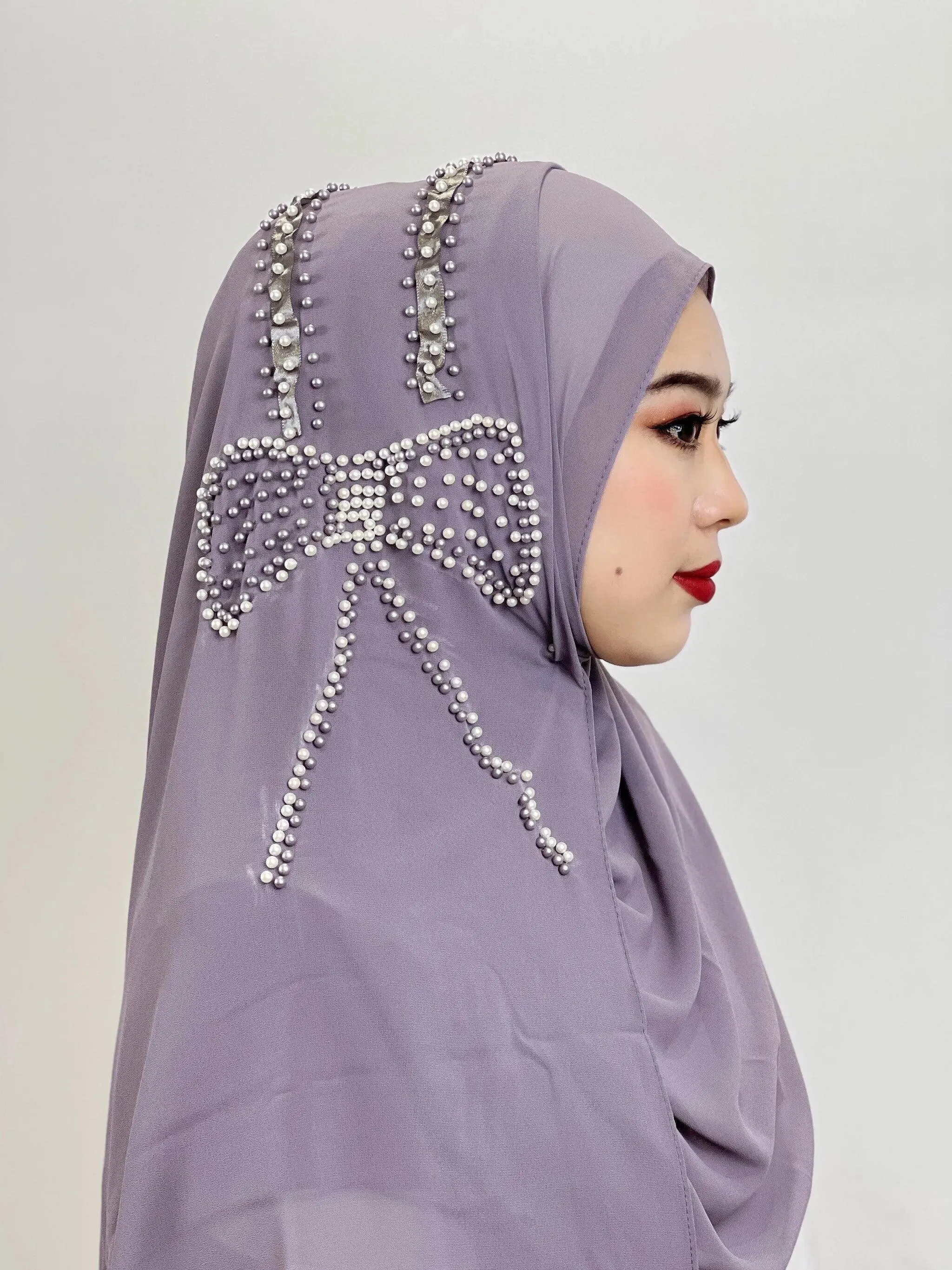 Shiny Beaded Muslim Hijab | Big Bow Decorative Wrap Scarf for Women, Soft and Easy to Wear
