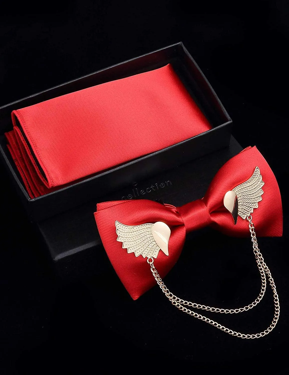 Solid Bow Tie Metal Golden Wing Bowties Hanky Set Tuxedo Banquet Neck Tie