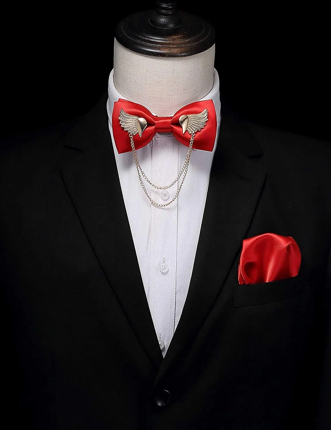 Solid Bow Tie Metal Golden Wing Bowties Hanky Set Tuxedo Banquet Neck Tie