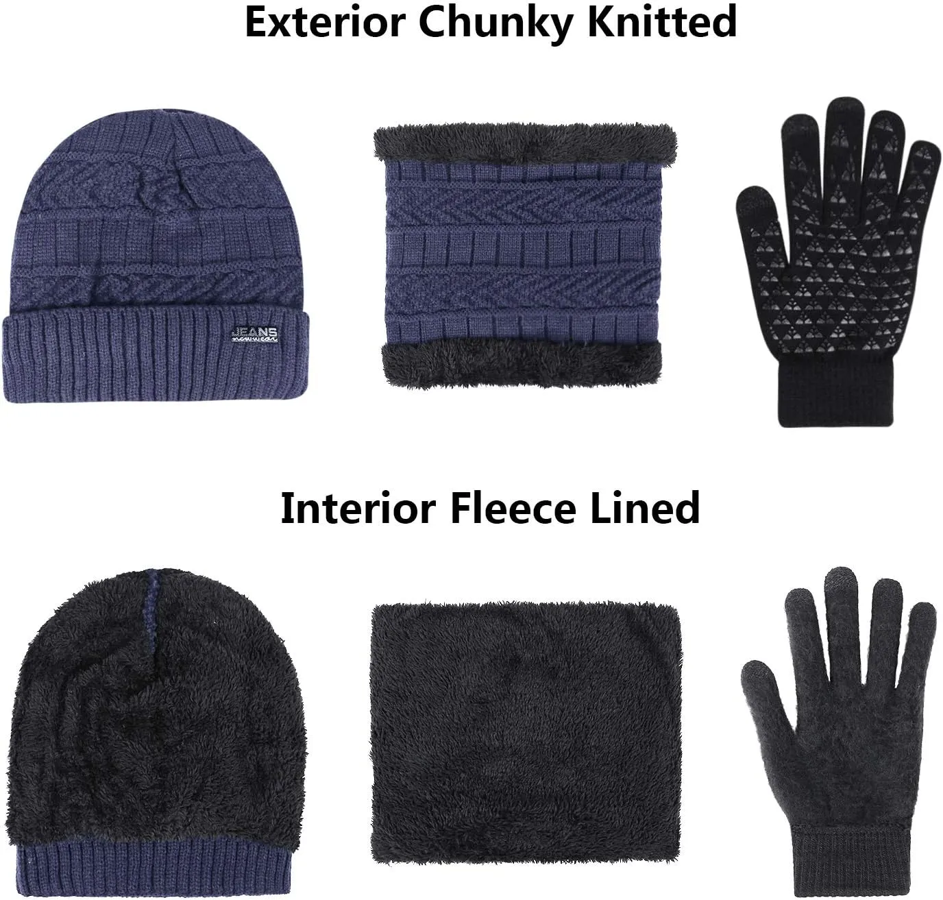 Winter Beanie Hat Scarf and Touchscreen Gloves Set for Men, Warm Knit Skull Cap with Fleece Lined Gifts for Women
