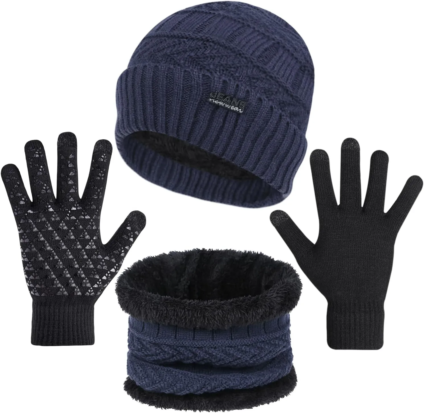 Winter Beanie Hat Scarf and Touchscreen Gloves Set for Men, Warm Knit Skull Cap with Fleece Lined Gifts for Women