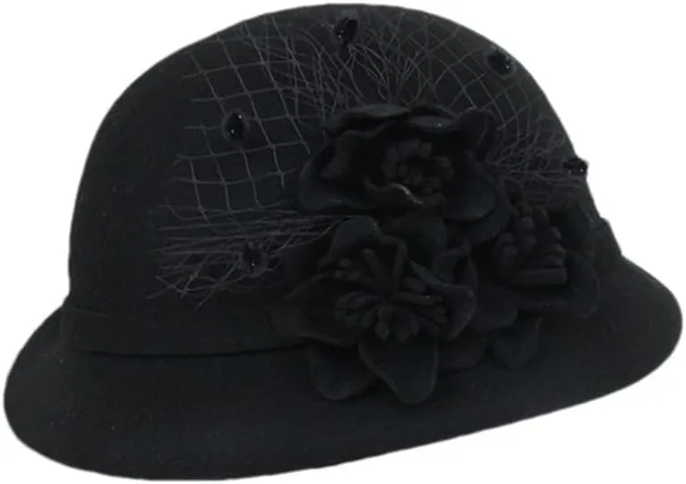 Women Floral Solid Hat Warm Wool Felt Flower Mesh Flower Hat Wide Brim Hat Autumn Winter