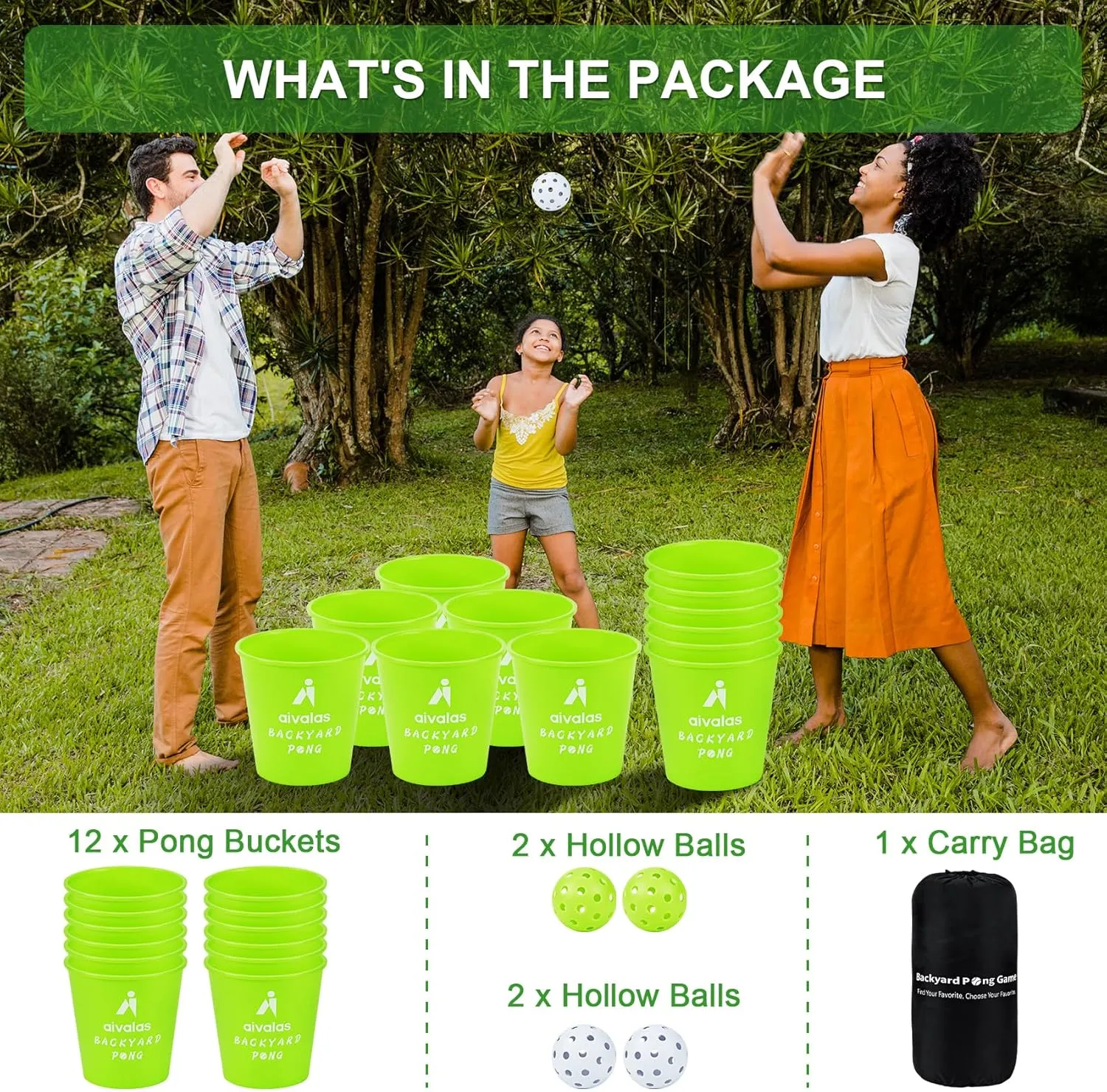 Yard Pong Outdoor Games, Glow in Dark Outdoor Yard Game for Adults and Family with 12 Buckets, 4 Balls, Giant Glow Backyard Games for Beach, Camping, Lawn