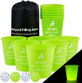 Yard Pong Outdoor Games, Glow in Dark Outdoor Yard Game for Adults and Family with 12 Buckets, 4 Balls, Giant Glow Backyard Games for Beach, Camping, Lawn