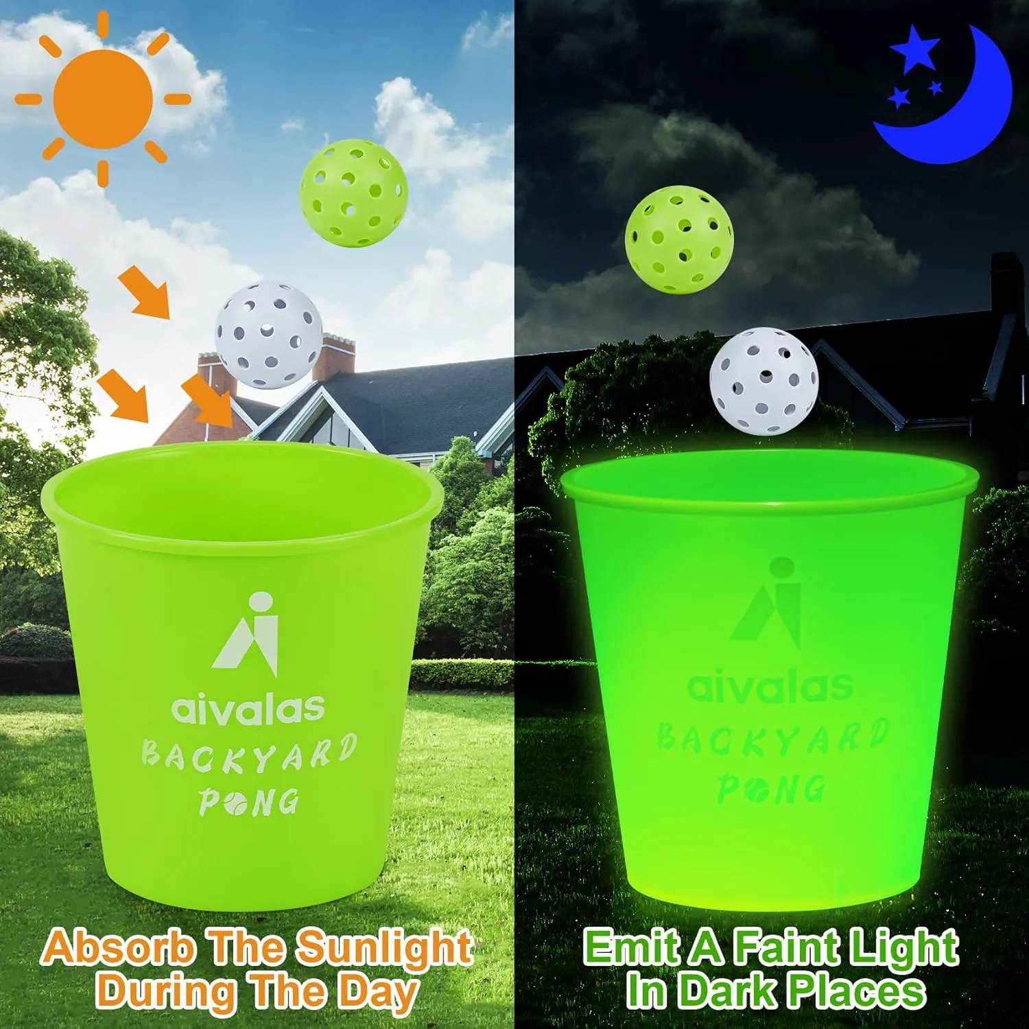Yard Pong Outdoor Games, Glow in Dark Outdoor Yard Game for Adults and Family with 12 Buckets, 4 Balls, Giant Glow Backyard Games for Beach, Camping, Lawn