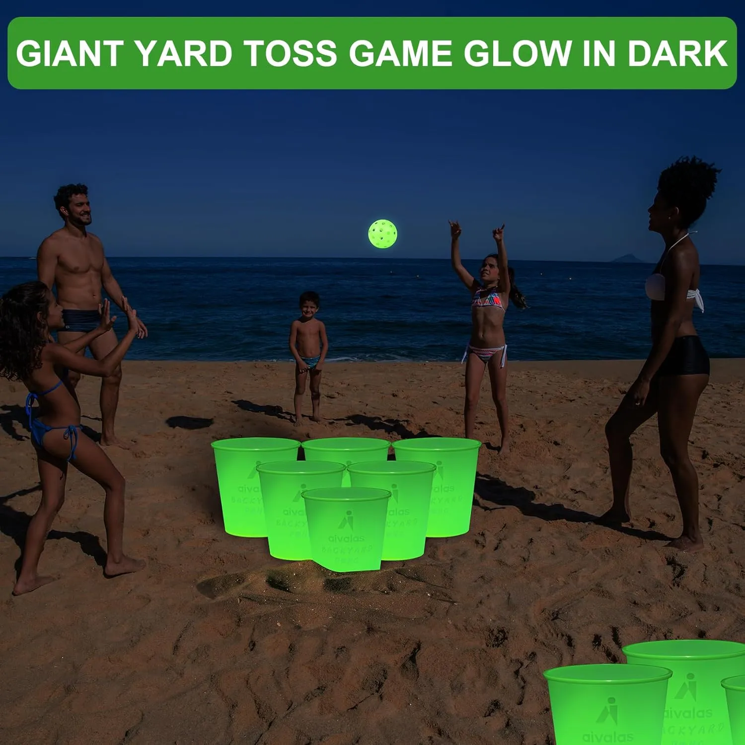 Yard Pong Outdoor Games, Glow in Dark Outdoor Yard Game for Adults and Family with 12 Buckets, 4 Balls, Giant Glow Backyard Games for Beach, Camping, Lawn